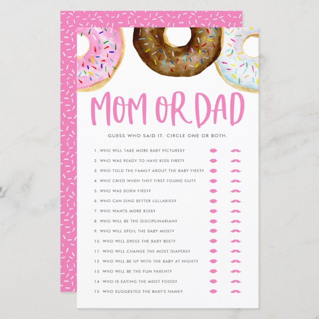Pink and Chocolate Doughnuts Mum or Dad Shower Gam (Front/Back)