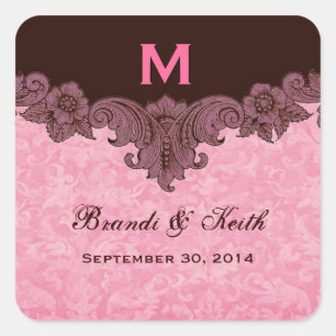 Pink and Chocolate Vintage Wedding Names Date S435 Square Sticker