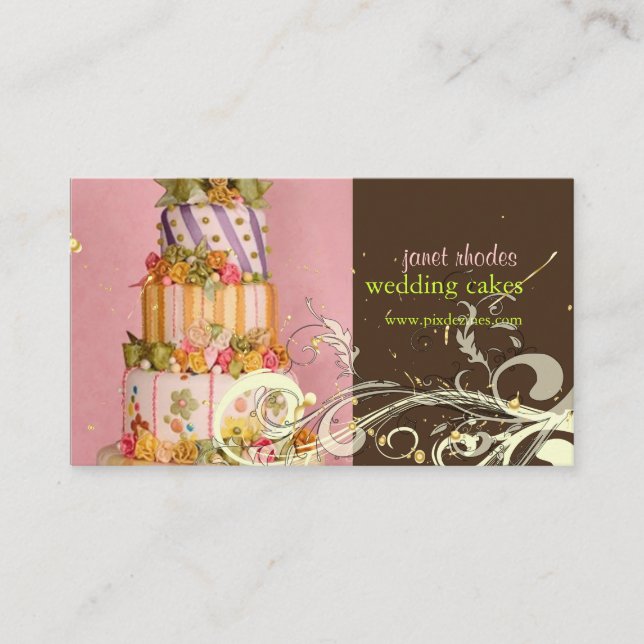 Pink and Chocolate wedding cake business cards (Front)
