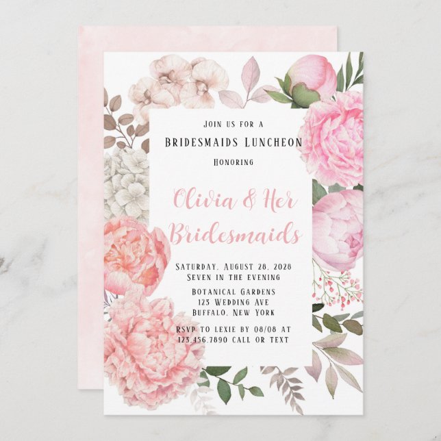 Pink and Coral Botanical Peony Bridesmaid Luncheon Invitation (Front/Back)