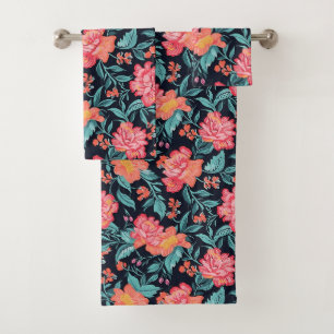 Pink and Coral Flowers Bath Towel Set