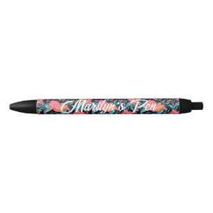 Pink and Coral Flowers Personalised Black Ink Pen