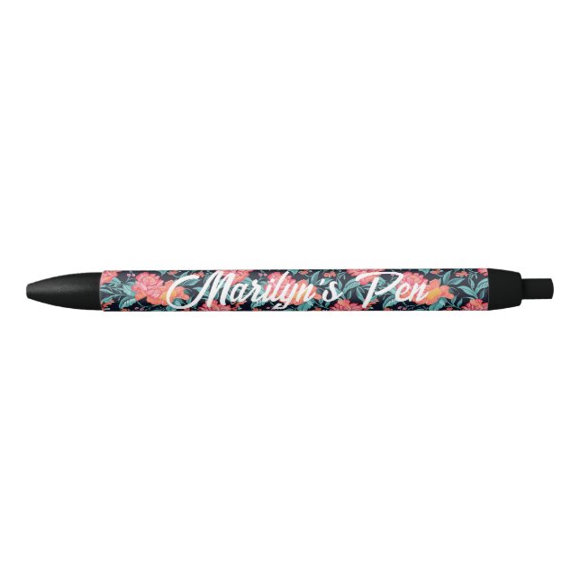 Pink and Coral Flowers Personalised Black Ink Pen (Front)