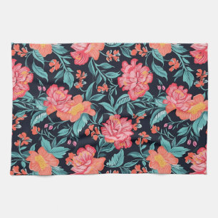 Pink and Coral Flowers Tea Towel