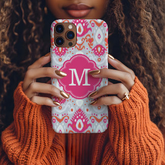Pink and Coral Ikat Custom Monogram iPhone 15 Pro Max Case