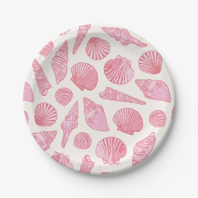 Pink and Coral Painted Coastal Seashells Paper Plate (Front)