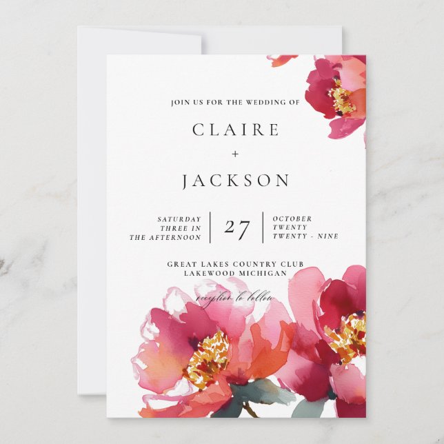 Pink and Coral Peonies Modern Wedding Invitation  (Front)