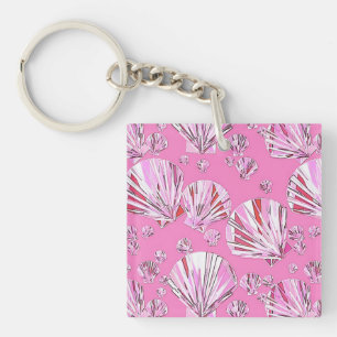 Pink and coral sea shells, orchid pink background key ring