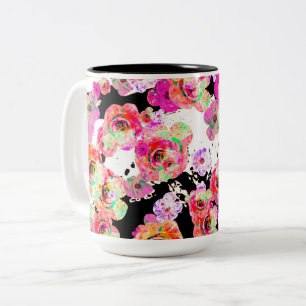 Pink and Coral Spring Floral on Black and White Two-Tone Coffee Mug