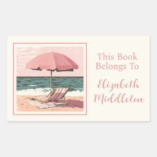 Pink and Cream Beach Chair and Umbrella Bookplate Rectangular Sticker