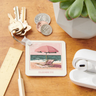 Pink and Cream Beach Chair and Umbrella Key Ring