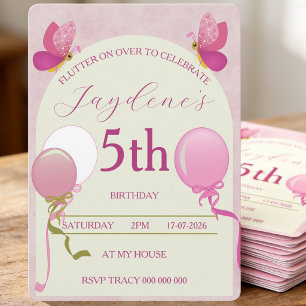 Pink And Cream Butterfly 5th Birthday Invitation