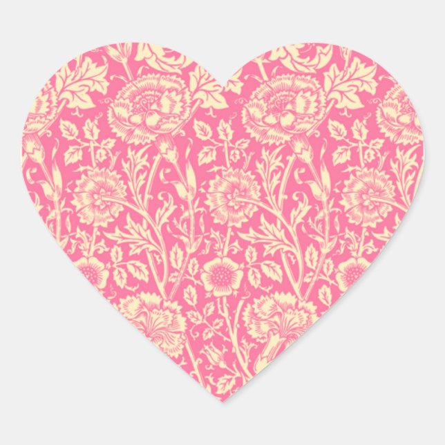 Pink and Cream Carnation Vintage Print Heart Sticker (Front)