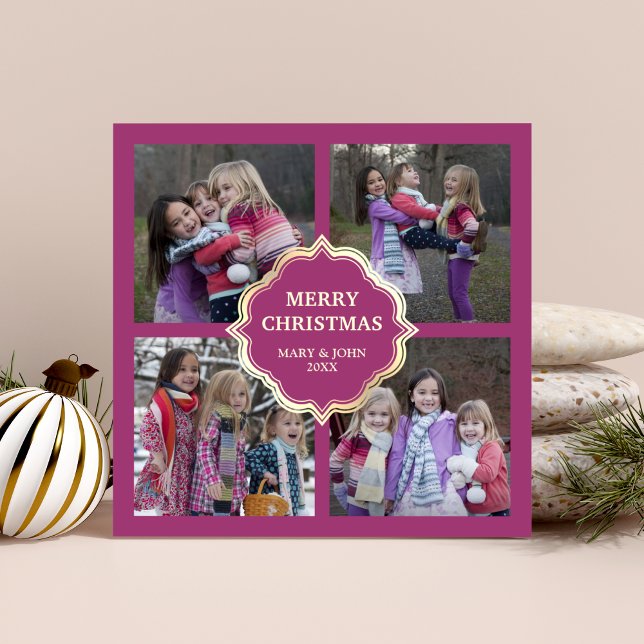Pink and Cream Christmas 4 Square Photos Collage Holiday Card (Creator Uploaded)