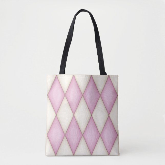 Pink And Cream Diamond Check Harlequin Pattern Tote Bag (Front)