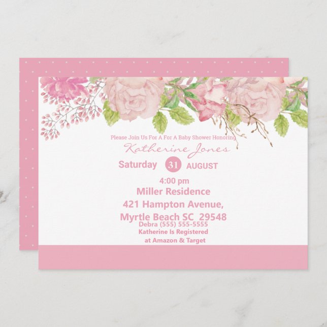 Pink and Cream Floral Baby Shower Invitation (Front/Back)