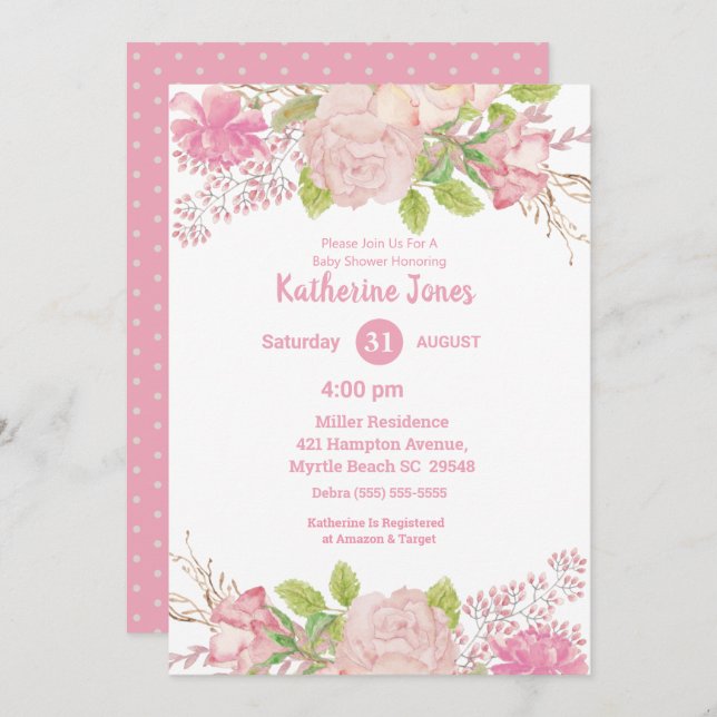 Pink and Cream Floral Baby Shower Invitation (Front/Back)
