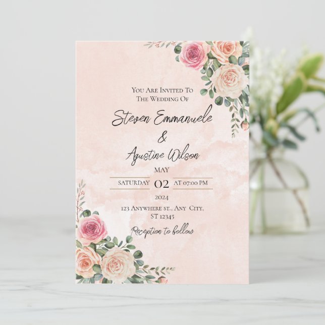 Pink and Cream Floral Wedding Invitation (Standing Front)