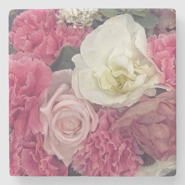 Pink and cream flowers stone coaster (Front)