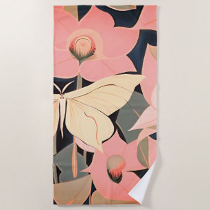 Pink and Cream - Luna Moth and Moonflowers Beach Towel