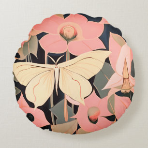 Pink and Cream - Luna Moth and Moonflowers   Round Cushion