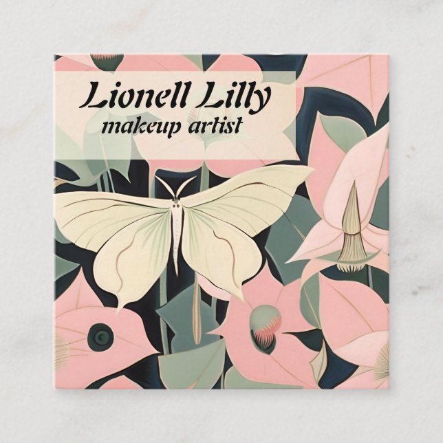 Pink and Cream - Luna Moth and Moonflowers   Square Business Card (Front)