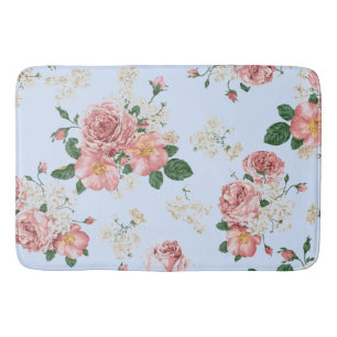 Pink and Cream on Blue Vintage Floral Bath Mat