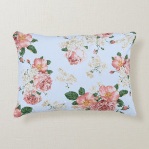 Pink and Cream on Blue Vintage Floral    Decorative Cushion