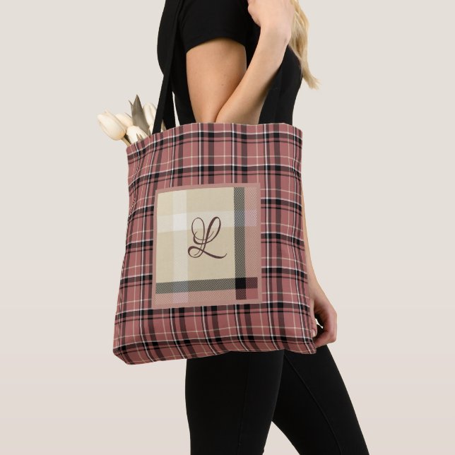 Pink and Cream Plaid Tote Bag (Close Up)