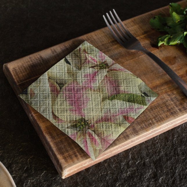 Pink and Cream Poinsettias Floral Napkin (In Situ Angled)