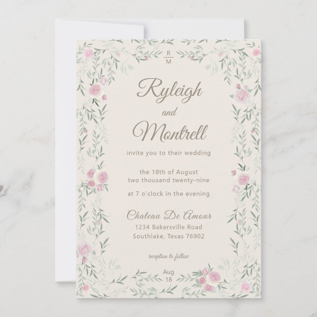 Pink and Cream Rose and Greenery Modern Elegant Invitation (Front)