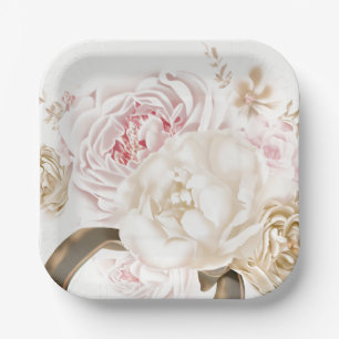 Pink and Cream Rose Peony Wedding Paper Plate