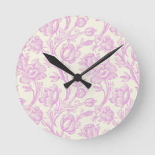 Pink and Cream Tulips Toile de Jouy Round Clock