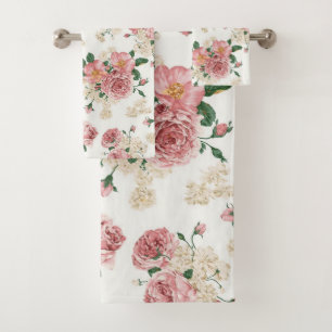 Pink and Cream Vintage Floral  Bath Towel Set