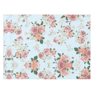 Pink and Cream Vintage Floral on Blue Tablecloth