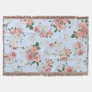 Pink and Cream Vintage Floral on Blue Throw Blanket