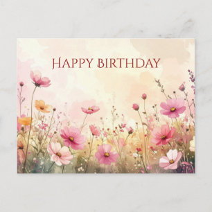 Pink and cream wildflowers Happy Birthday Postcard