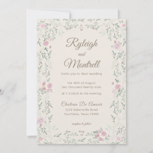 Pink and Creme Rose and Greenery Modern Elegant Invitation