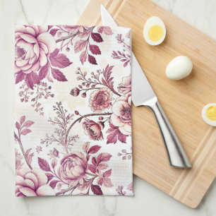 pink and dark red flowers tea towel