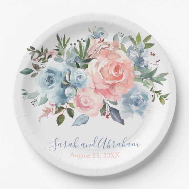 Pink and Dusty Blue Floral Roses Wedding Paper Plate (Front)