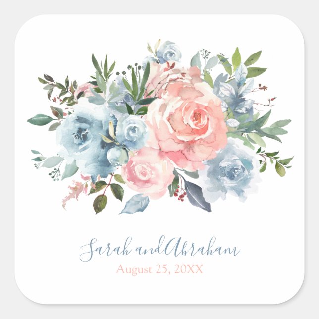 Pink and Dusty Blue Floral Roses Wedding  Square Square Sticker (Front)
