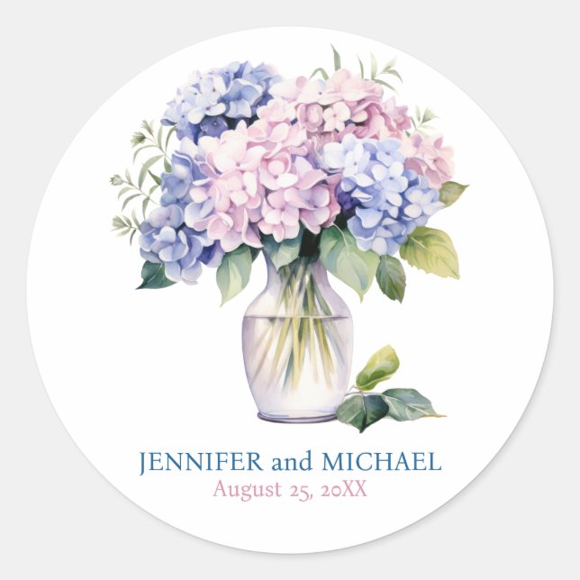 Pink and Dusty Blue Hydrangeas Wedding Circle Classic Round Sticker (Front)