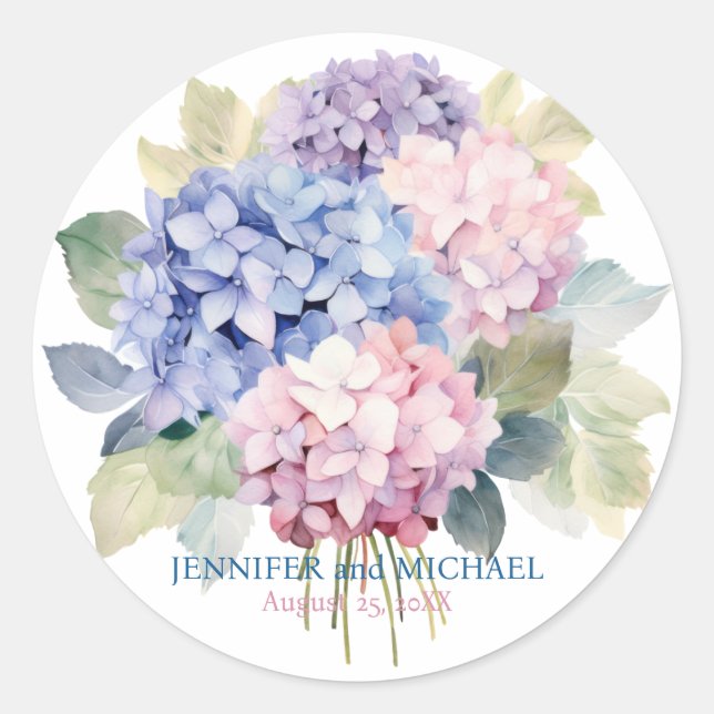 Pink and Dusty Blue Hydrangeas Wedding Circle Classic Round Sticker (Front)