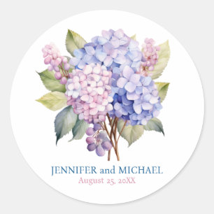 Pink and Dusty Blue Hydrangeas Wedding Circle Classic Round Sticker