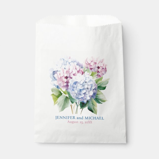 Pink and Dusty Blue Hydrangeas Wedding Favour Bags (Front)
