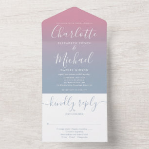 Pink And Dusty Blue Ombre Elegant Script Wedding All In One Invitation