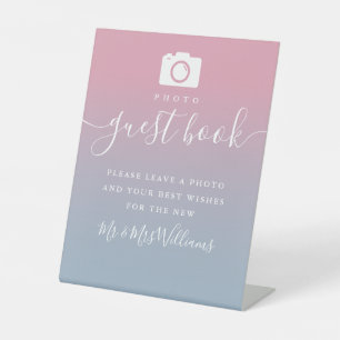 Pink And Dusty Blue Ombre Script Photo Guest Book Pedestal Sign