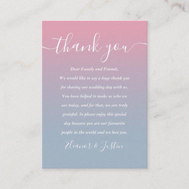 Pink And Dusty Blue Ombre Wedding Thank You Place Card (Front)