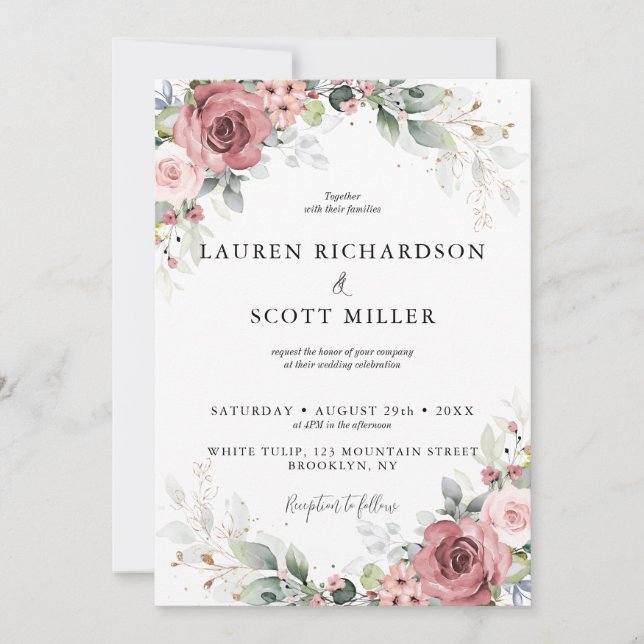 Pink and Dusty Red Floral Invitation (Front)