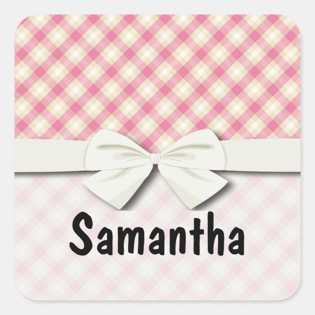 pink and ecru cream gingham plaid square sticker (Front)
